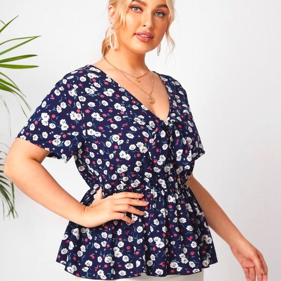 SHEIN Tops - Plus Allover Floral Print Peplum Blouse